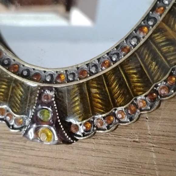 . Vintage Hand Held Mirror - Orange Brown Enameled w Rhinestones Vanity Mirror - Picture 7 of 9